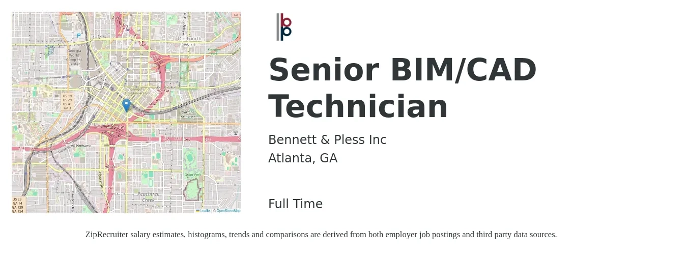 Bennett & Pless Inc job posting for a Senior BIM/CAD Technician in Atlanta, GA with a salary of $27 to $39 Hourly with a map of Atlanta location.