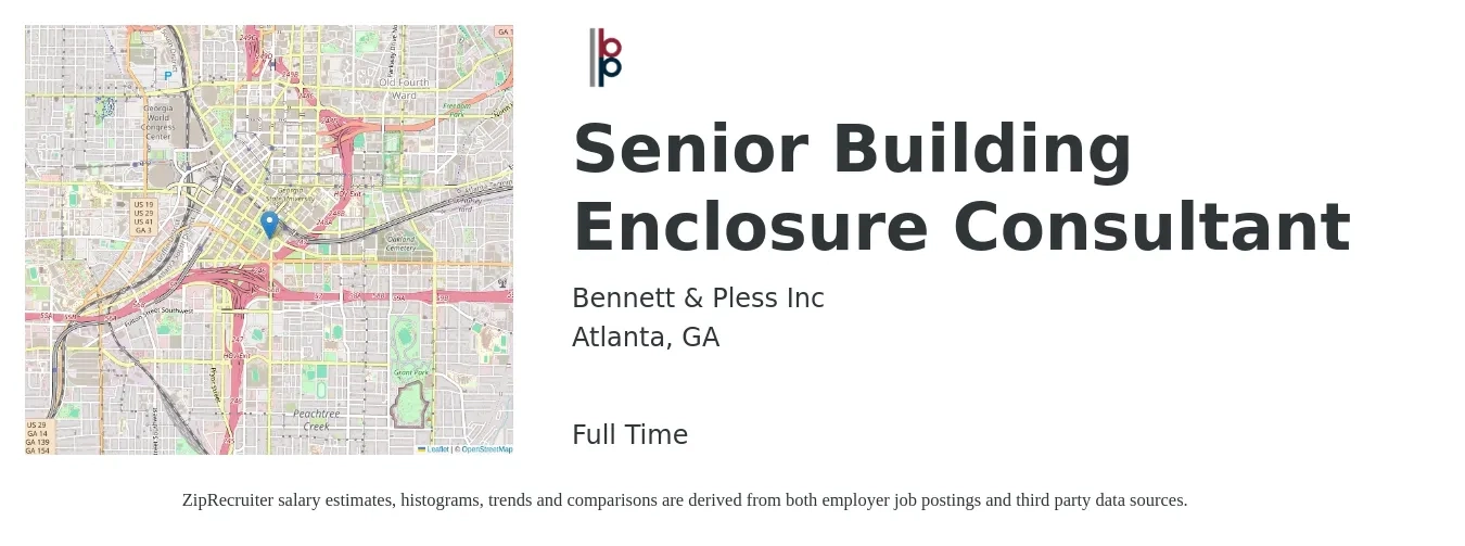 Bennett & Pless Inc job posting for a Senior Building Enclosure Consultant in Atlanta, GA with a salary of $85,800 to $135,400 Yearly with a map of Atlanta location.