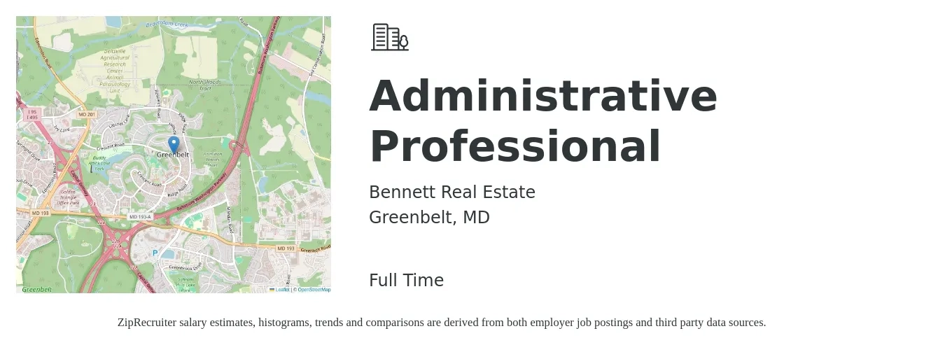 Bennett Real Estate job posting for a Administrative Professional in Greenbelt, MD with a salary of $18 to $24 Hourly with a map of Greenbelt location.