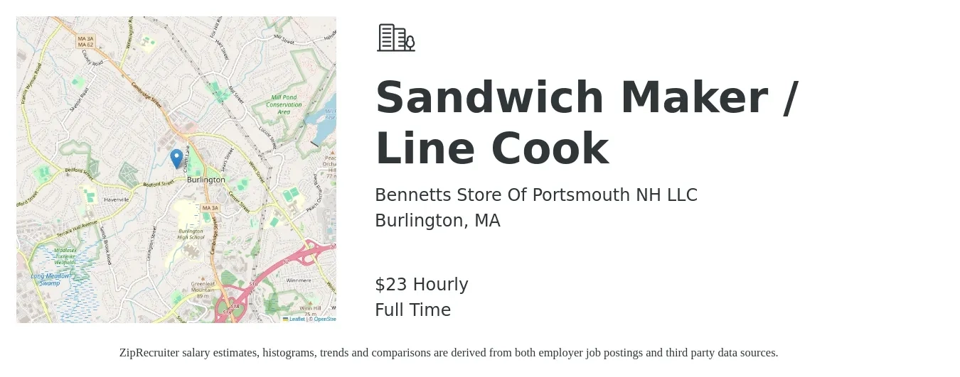 Bennetts Store Of Portsmouth NH LLC job posting for a Sandwich Maker / Line Cook in Burlington, MA with a salary of $24 Hourly with a map of Burlington location.