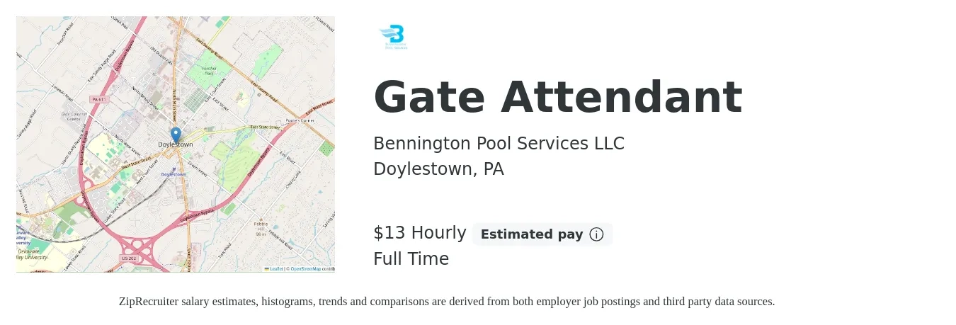 Bennington Pool Services LLC job posting for a Gate Attendant in Doylestown, PA with a salary of $14 Hourly with a map of Doylestown location.