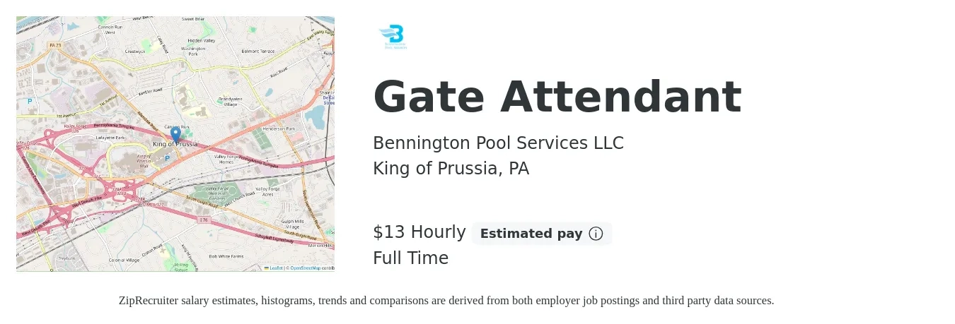 Bennington Pool Services LLC job posting for a Gate Attendant in King of Prussia, PA with a salary of $14 Hourly with a map of King of Prussia location.