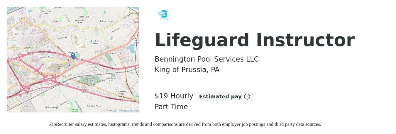 Bennington Pool Services LLC job posting for a Lifeguard Instructor in King of Prussia, PA with a salary of $20 Hourly with a map of King of Prussia location.