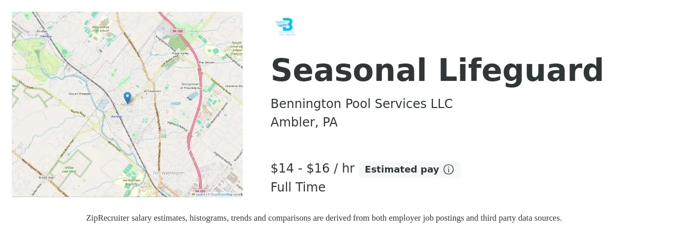 Bennington Pool Services LLC job posting for a Seasonal Lifeguard in Ambler, PA with a salary of $15 to $17 Hourly with a map of Ambler location.