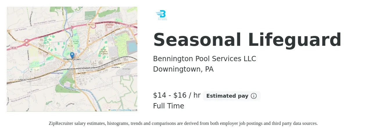 Bennington Pool Services LLC job posting for a Seasonal Lifeguard in Downingtown, PA with a salary of $15 to $17 Hourly with a map of Downingtown location.