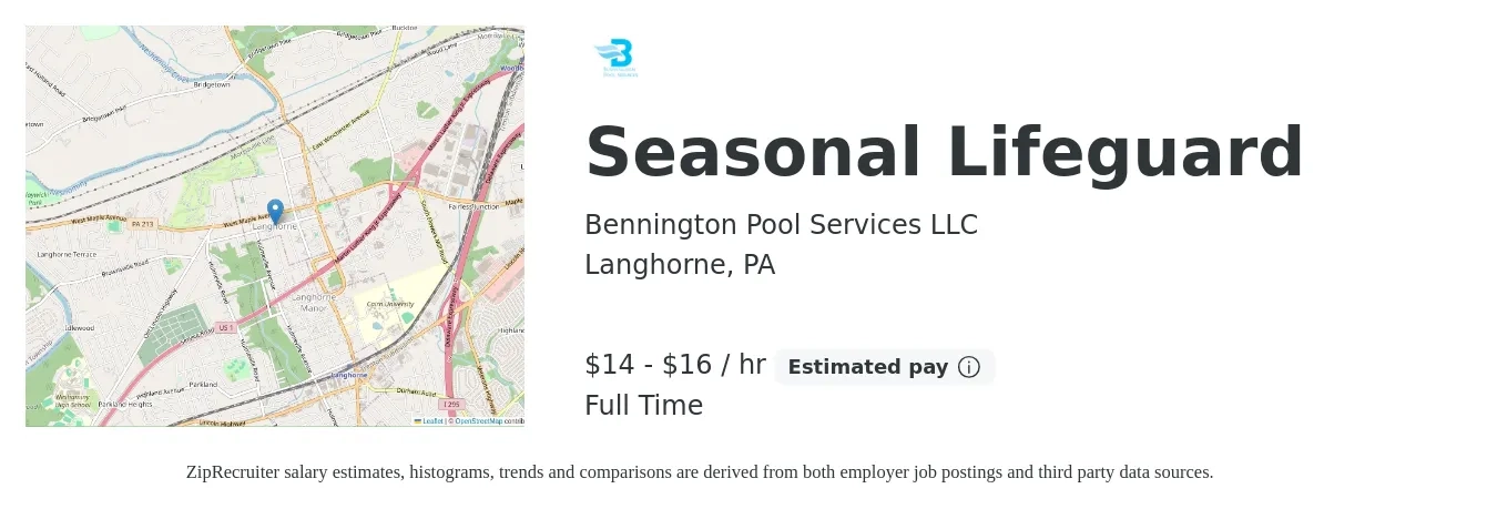 Bennington Pool Services LLC job posting for a Seasonal Lifeguard in Langhorne, PA with a salary of $15 to $17 Hourly with a map of Langhorne location.