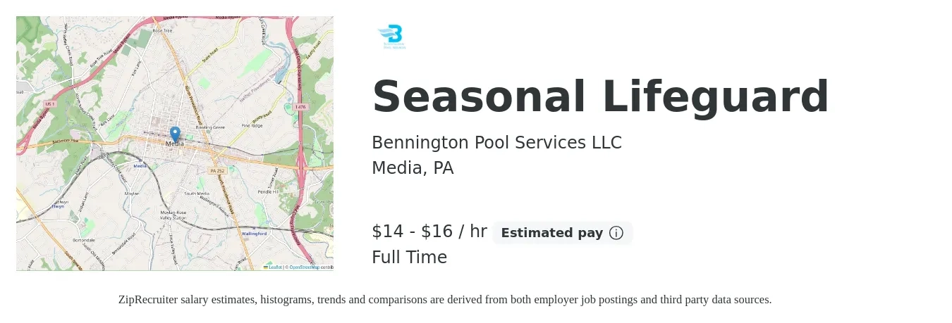 Bennington Pool Services LLC job posting for a Seasonal Lifeguard in Media, PA with a salary of $15 to $17 Hourly with a map of Media location.