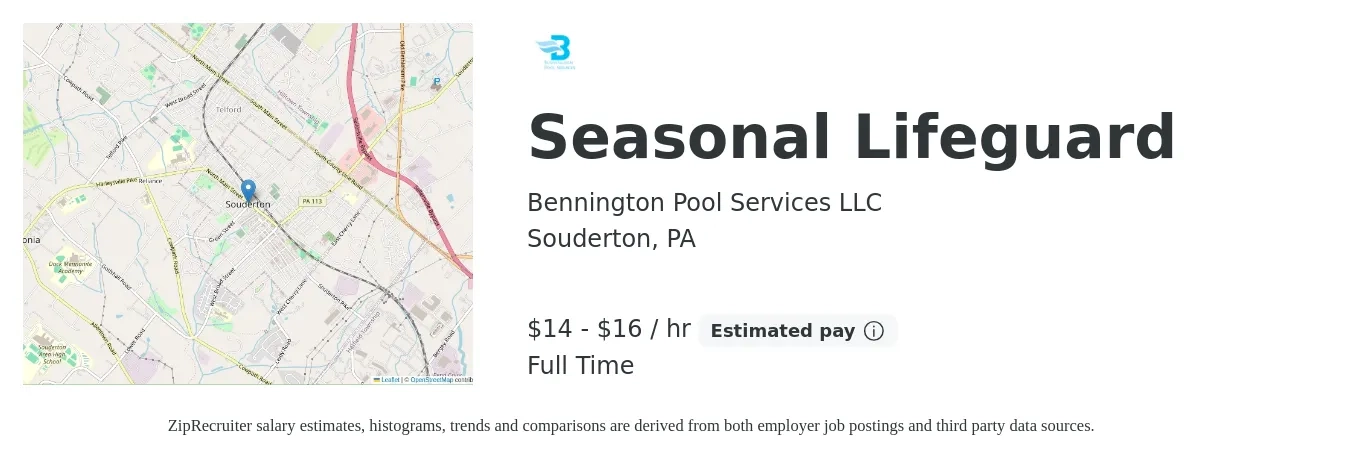 Bennington Pool Services LLC job posting for a Seasonal Lifeguard in Souderton, PA with a salary of $15 to $17 Hourly with a map of Souderton location.