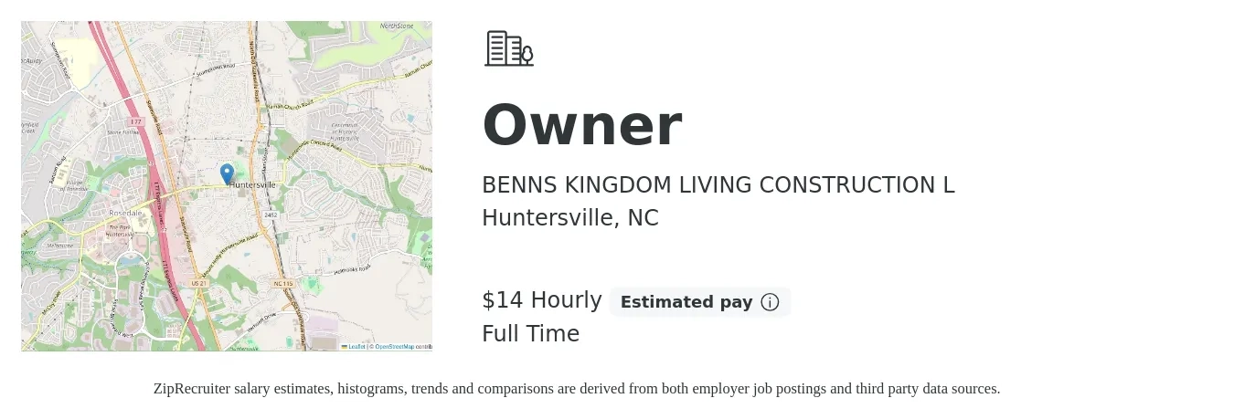 BENNS KINGDOM LIVING CONSTRUCTION L job posting for a Owner in Huntersville, NC with a salary of $15 Hourly with a map of Huntersville location.