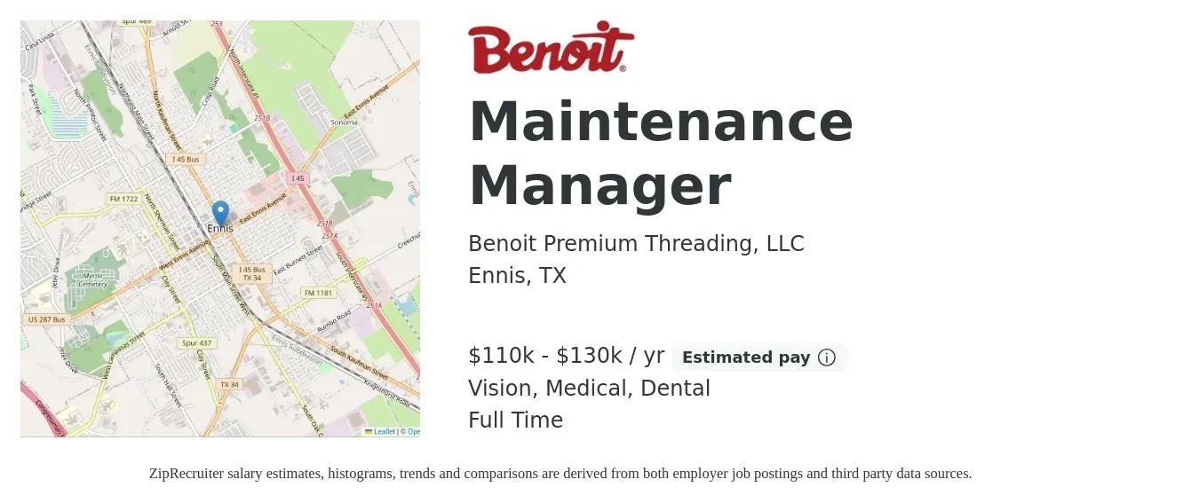 Benoit Premium Threading, LLC job posting for a Maintenance Manager in Ennis, TX with a salary of $110,000 to $130,000 Yearly and benefits including dental, life_insurance, medical, pto, retirement, and vision with a map of Ennis location.