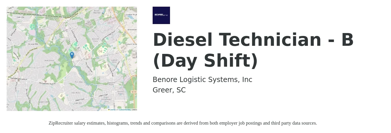 Benore Logistic Systems, Inc job posting for a Diesel Technician - B (Day Shift) in Greer, SC with a salary of $26 to $36 Hourly with a map of Greer location.