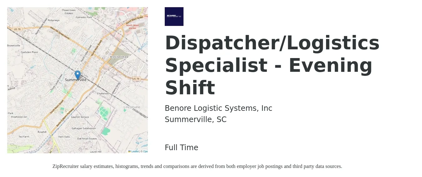 Benore Logistic Systems, Inc job posting for a Dispatcher/Logistics Specialist - Evening Shift in Summerville, SC with a salary of $18 to $27 Hourly with a map of Summerville location.