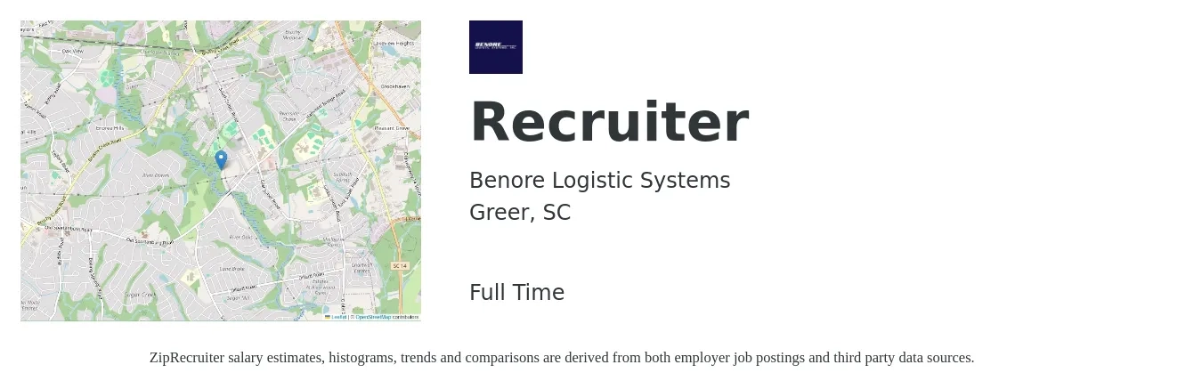 Benore Logistic Systems, Inc. job posting for a Recruiter in Greer, SC with a salary of $20 to $32 Hourly with a map of Greer location.