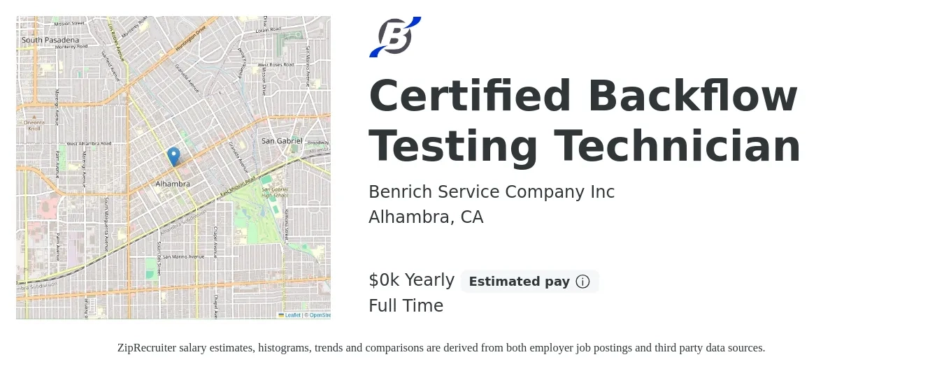 Benrich Service Company Inc job posting for a Certified Backflow Testing Technician in Alhambra, CA with a salary of $25 to $35 Yearly with a map of Alhambra location.