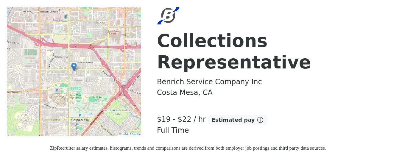 Benrich Service Company Inc job posting for a Collections Representative in Costa Mesa, CA with a salary of $20 to $23 Hourly with a map of Costa Mesa location.