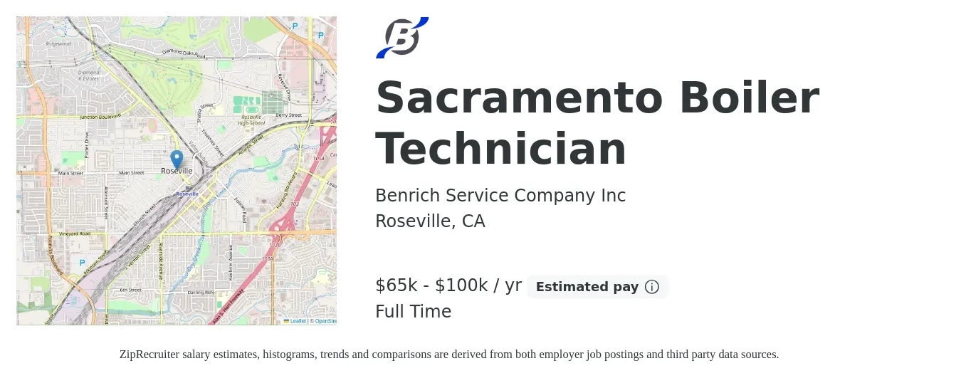 Benrich Service Company Inc job posting for a Sacramento Boiler Technician in Roseville, CA with a salary of $65,000 to $100,000 Yearly with a map of Roseville location.