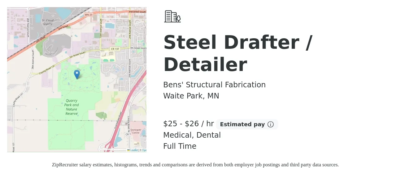 Bens' Structural Fabrication job posting for a Steel Drafter / Detailer in Waite Park, MN with a salary of $26 to $28 Hourly and benefits including retirement, dental, life_insurance, and medical with a map of Waite Park location.