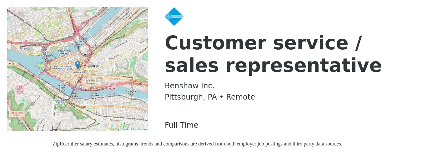 Benshaw Inc. job posting for a Customer service / sales representative in Pittsburgh, PA with a salary of $18 to $27 Hourly with a map of Pittsburgh location.