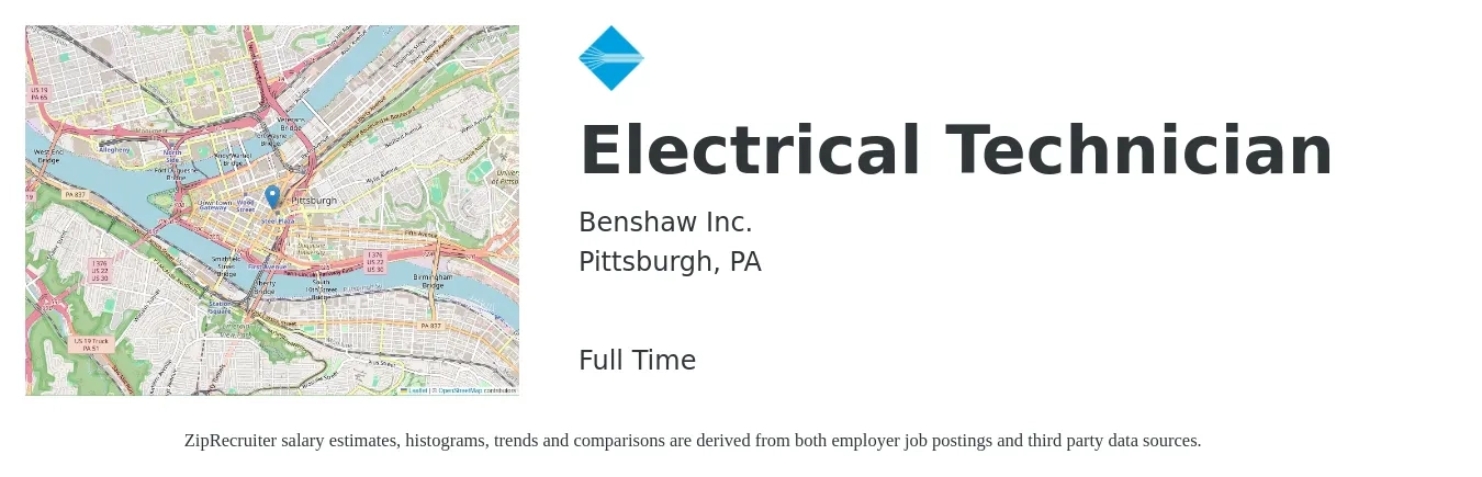 Benshaw Inc. job posting for a Electrical Technician in Pittsburgh, PA with a salary of $22 to $32 Hourly with a map of Pittsburgh location.
