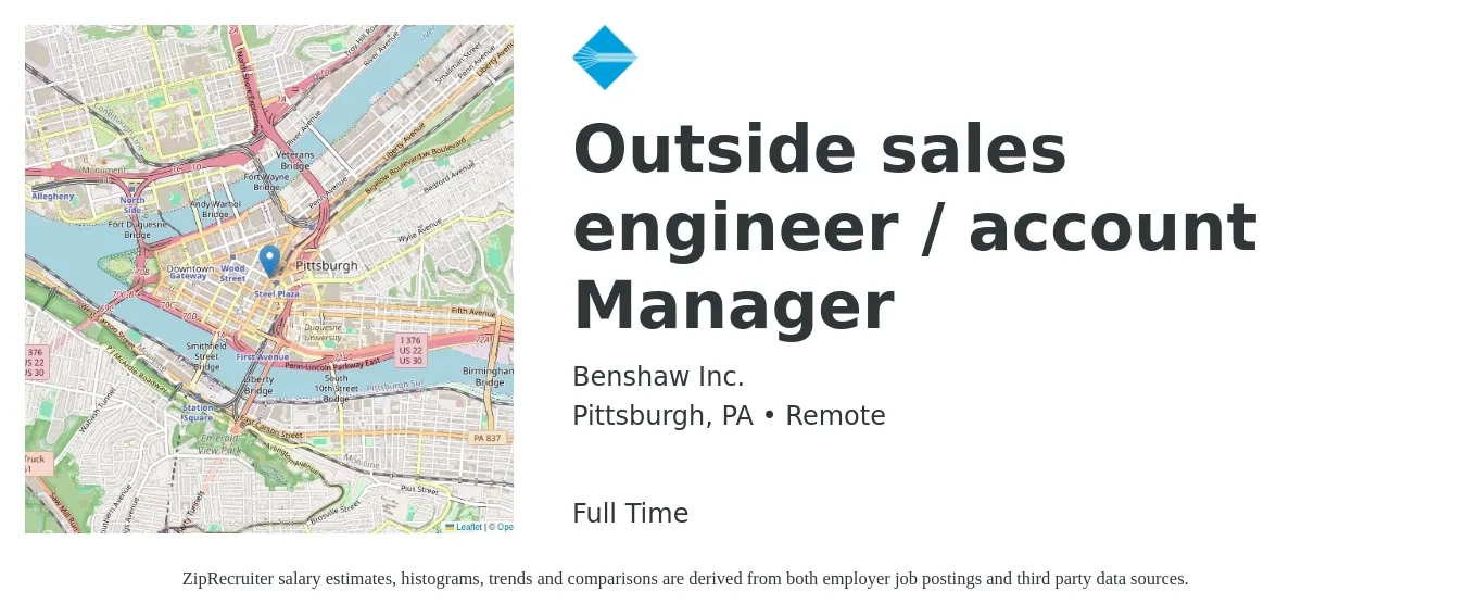 Benshaw Inc. job posting for a Outside sales engineer / account Manager in Pittsburgh, PA with a salary of $63,100 to $90,300 Yearly with a map of Pittsburgh location.