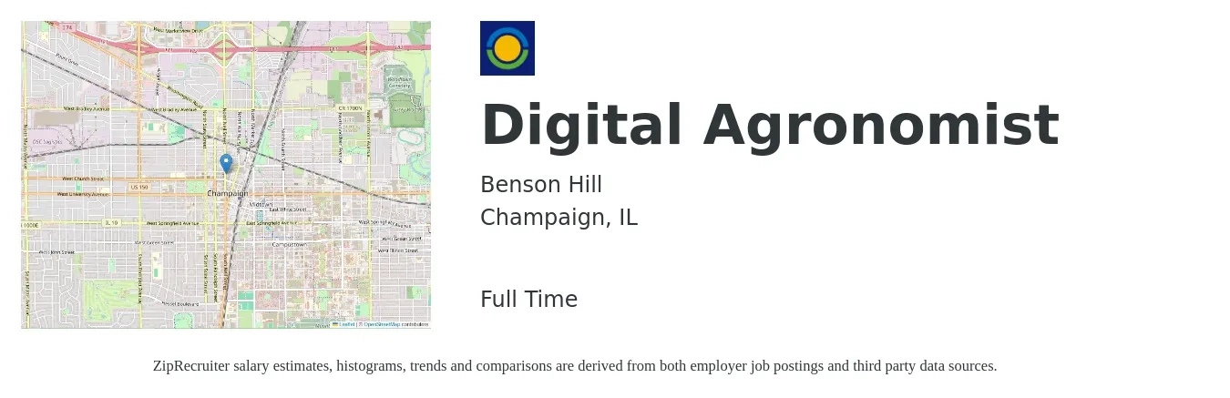 Benson Hill job posting for a Digital Agronomist in Champaign, IL with a salary of $37,600 to $60,600 Yearly with a map of Champaign location.