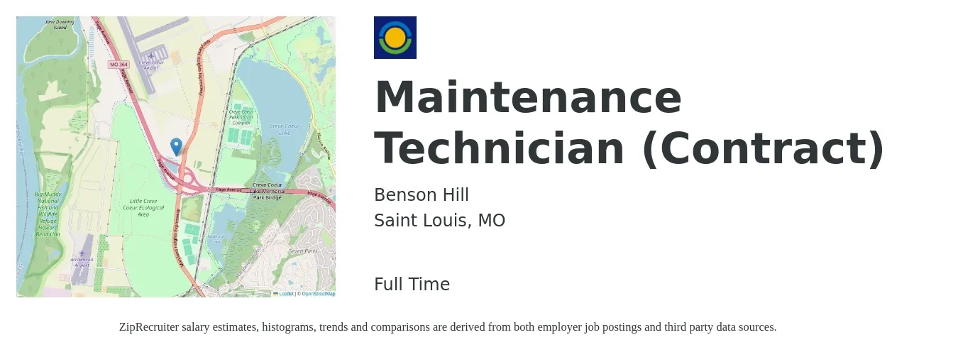 Benson Hill job posting for a Maintenance Technician (Contract) in Saint Louis, MO with a salary of $19 to $26 Hourly with a map of Saint Louis location.