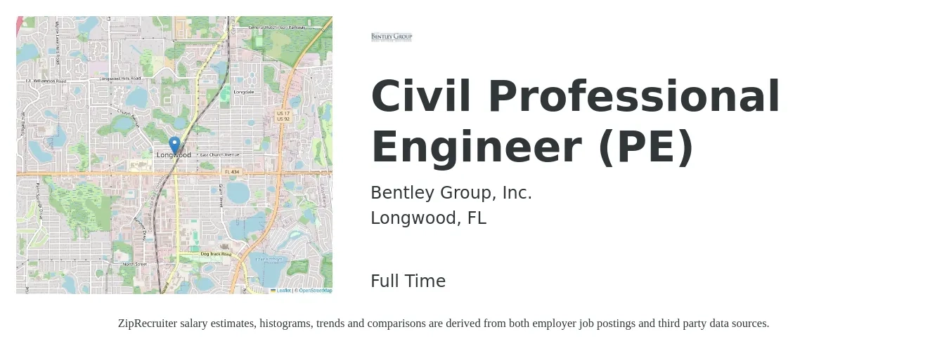 Bentley Group, Inc. job posting for a Civil Professional Engineer (PE) in Longwood, FL with a salary of $58,600 to $85,600 Yearly with a map of Longwood location.