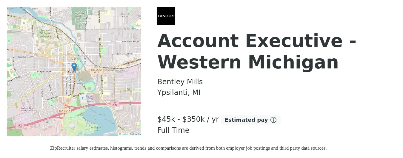 Bentley Mills job posting for a Account Executive - Western Michigan in Ypsilanti, MI with a salary of $45,000 to $350,000 Yearly with a map of Ypsilanti location.