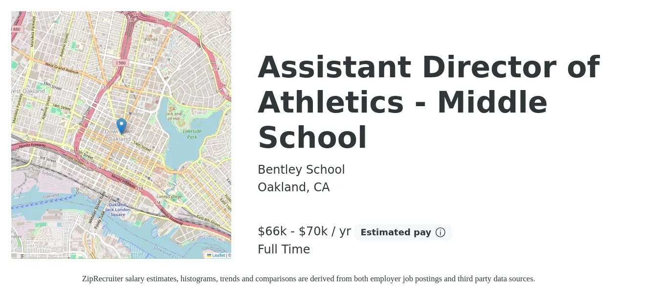 Bentley School job posting for a Assistant Director of Athletics - Middle School in Oakland, CA with a salary of $66,560 to $70,000 Yearly with a map of Oakland location.