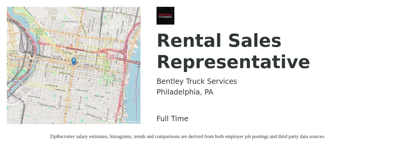 Bentley Truck Services job posting for a Rental Sales Representative in Philadelphia, PA with a salary of $18 to $30 Hourly with a map of Philadelphia location.