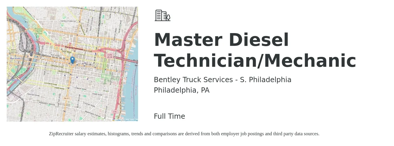 Bentley Truck Services - S. Philadelphia job posting for a Master Diesel Technician/Mechanic in Philadelphia, PA with a salary of $25 to $33 Hourly with a map of Philadelphia location.