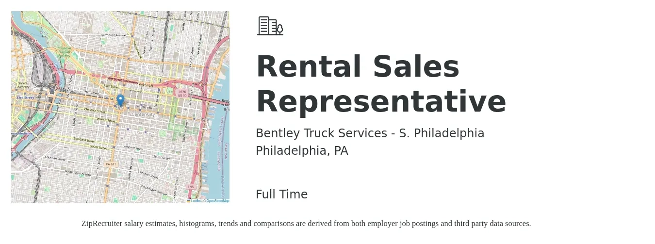 Bentley Truck Services - S. Philadelphia job posting for a Rental Sales Representative in Philadelphia, PA with a salary of $18 to $30 Hourly with a map of Philadelphia location.