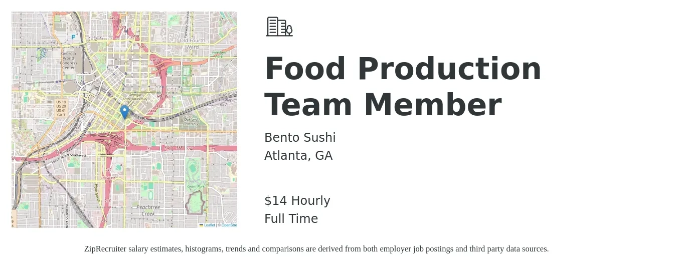 Bento Sushi job posting for a Food Production Team Member in Atlanta, GA with a salary of $15 Hourly with a map of Atlanta location.