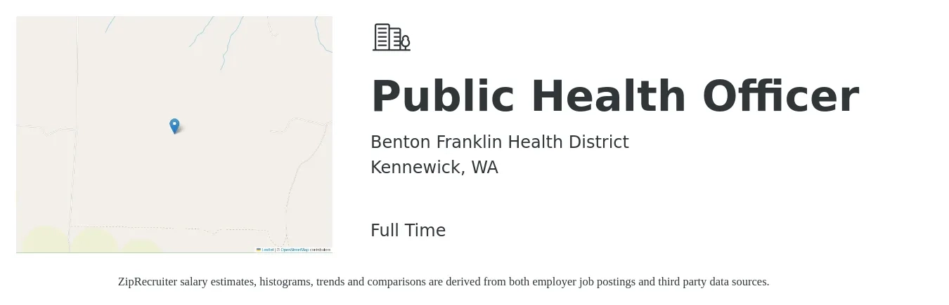 Benton Franklin Health District job posting for a Public Health Officer in Kennewick, WA with a salary of $7,782 to $9,963 Monthly with a map of Kennewick location.