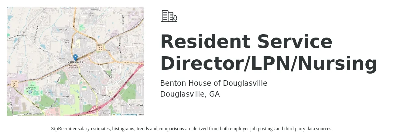 Benton House of Douglasville job posting for a Resident Service Director/LPN/Nursing in Douglasville, GA with a salary of $74,100 to $112,000 Yearly with a map of Douglasville location.