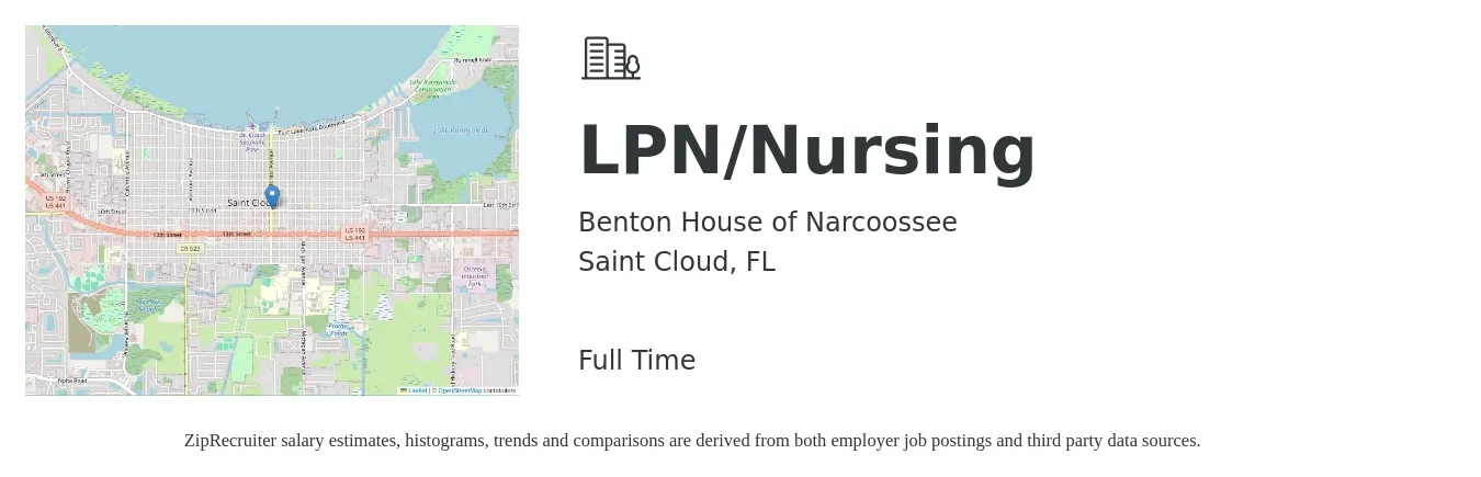 Benton House of Narcoossee job posting for a LPN/Nursing in Saint Cloud, FL with a salary of $24 to $32 Hourly with a map of Saint Cloud location.