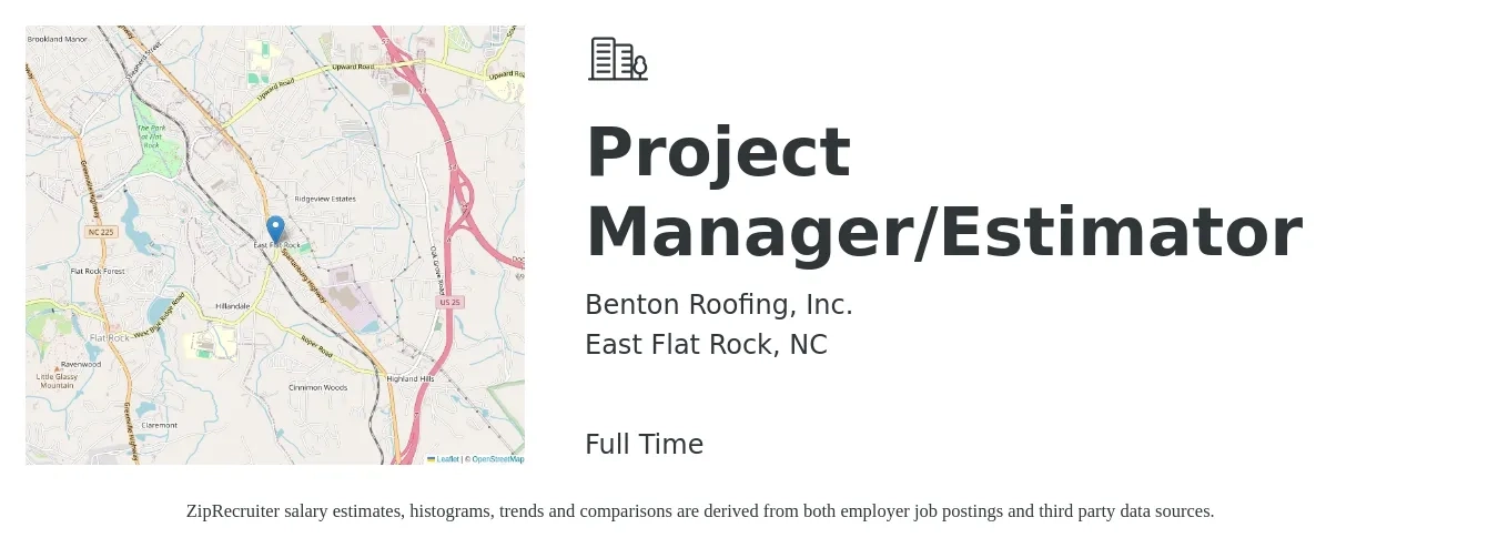 Benton Roofing, Inc. job posting for a Project Manager/Estimator in East Flat Rock, NC with a salary of $56,900 to $82,200 Yearly with a map of East Flat Rock location.