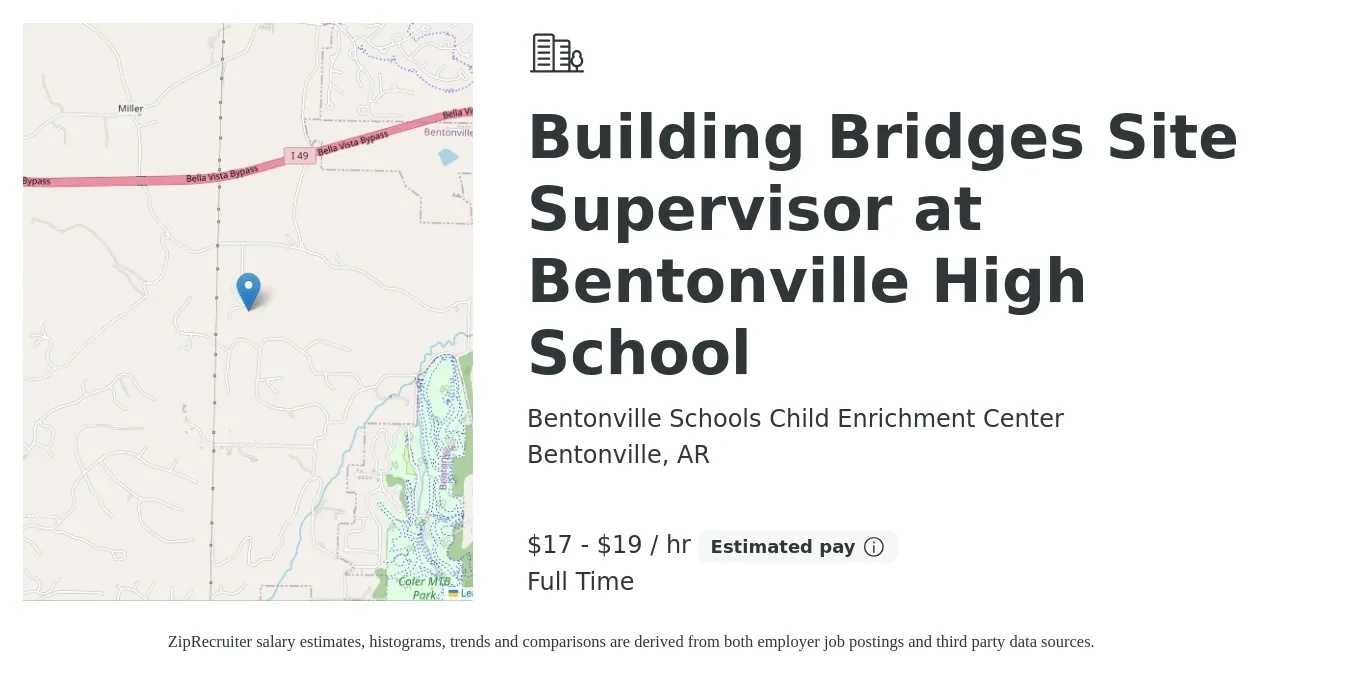 Bentonville Schools Child Enrichment Center job posting for a Building Bridges Site Supervisor at Bentonville High School in Bentonville, AR with a salary of $18 to $21 Hourly with a map of Bentonville location.