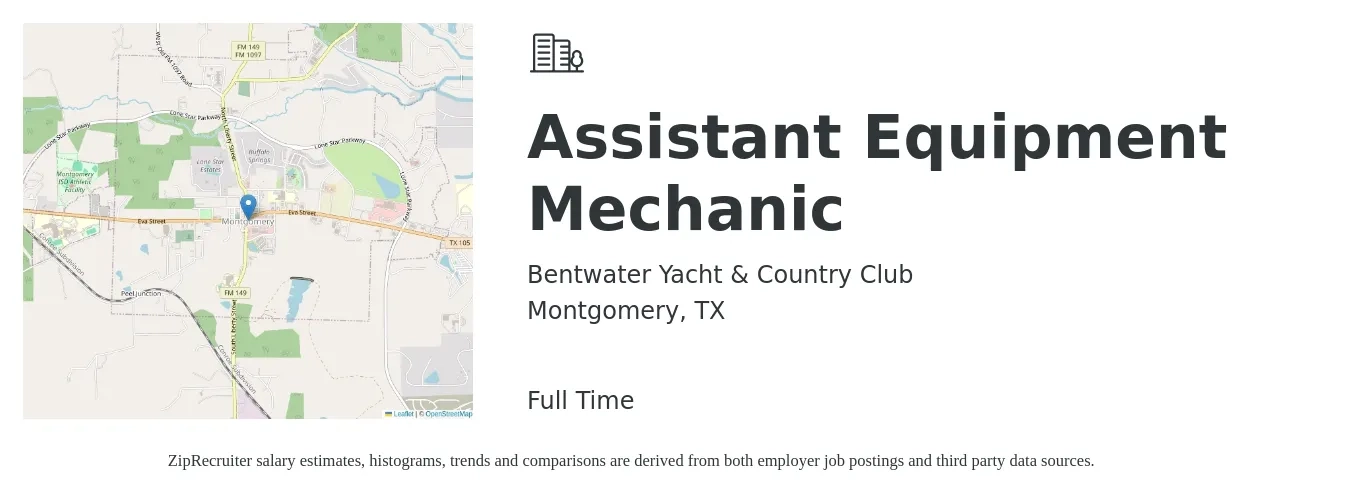 Bentwater Yacht & Country Club job posting for a Assistant Equipment Mechanic in Montgomery, TX with a salary of $16 to $20 Hourly with a map of Montgomery location.