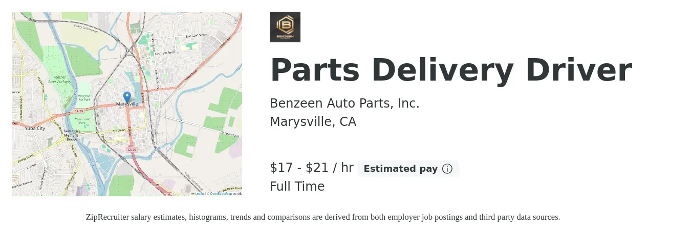 Benzeen Auto Parts, Inc. job posting for a Parts Delivery Driver in Marysville, CA with a salary of $18 to $22 Hourly with a map of Marysville location.