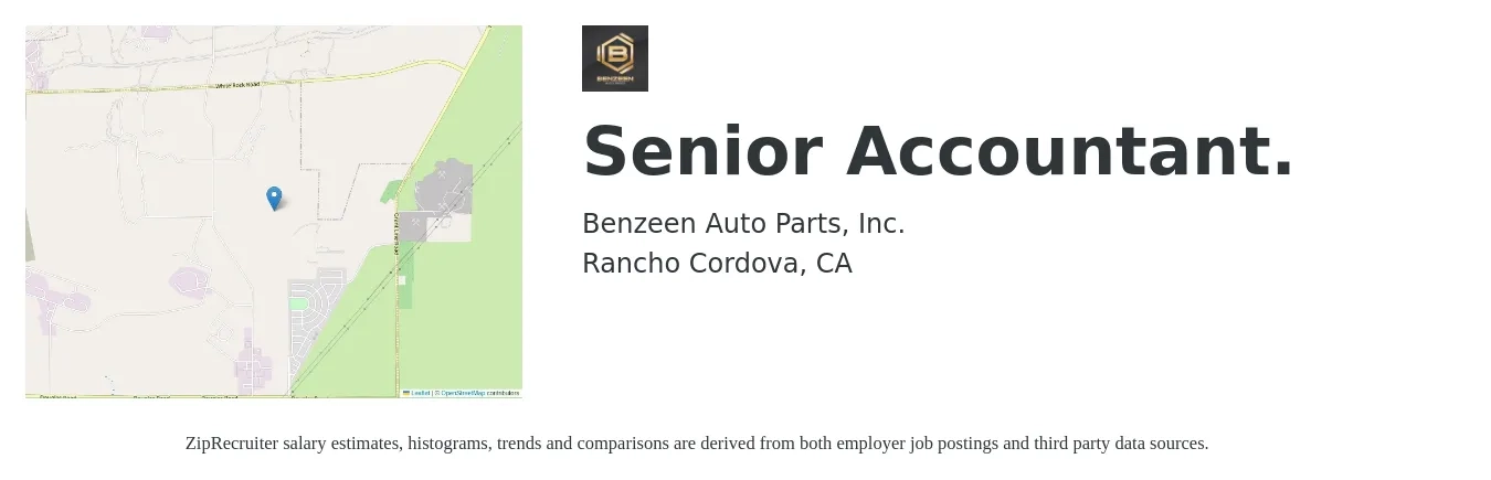 Benzeen Auto Parts job posting for a Senior Accountant. in Rancho Cordova, CA with a salary of $80,100 to $100,700 Yearly with a map of Rancho Cordova location.