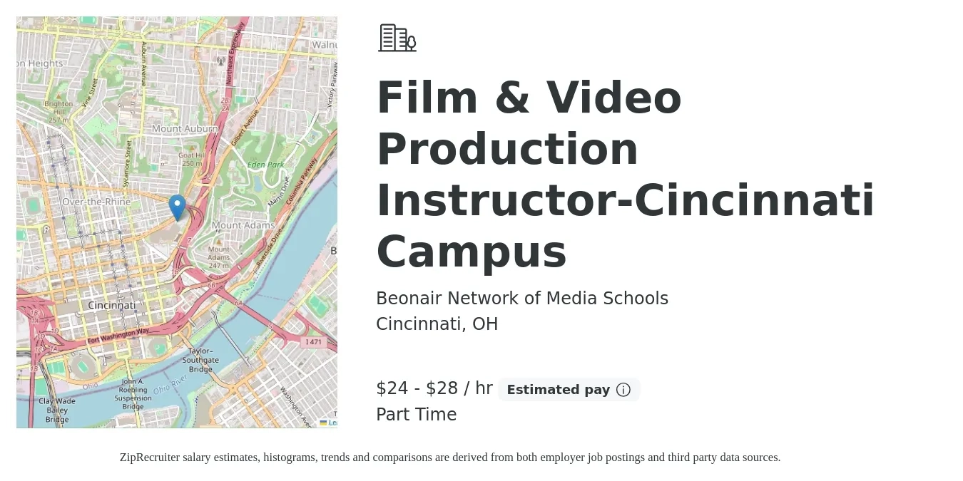 Beonair Network of Media Schools job posting for a Film & Video Production Instructor-Cincinnati Campus in Cincinnati, OH with a salary of $25 to $30 Hourly with a map of Cincinnati location.