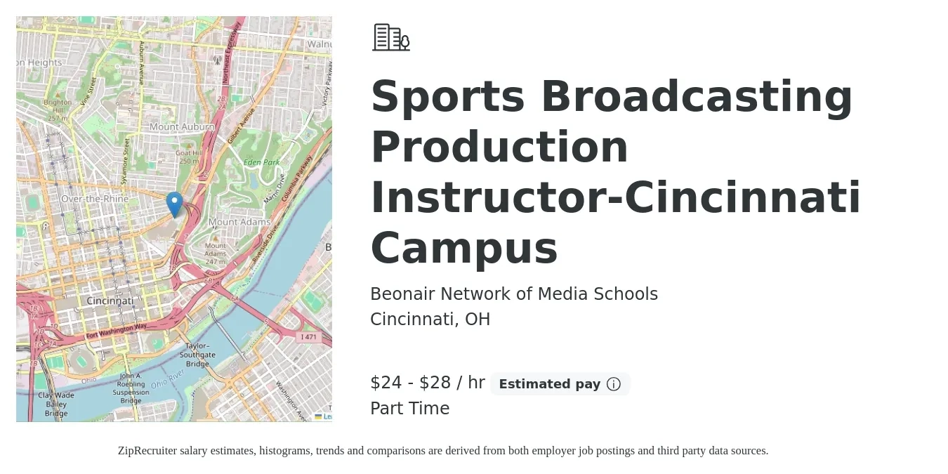 Beonair Network of Media Schools job posting for a Sports Broadcasting Production Instructor-Cincinnati Campus in Cincinnati, OH with a salary of $25 to $30 Hourly with a map of Cincinnati location.