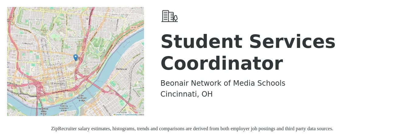 Beonair Network of Media Schools job posting for a Student Services Coordinator in Cincinnati, OH with a salary of $39,400 to $55,200 Yearly with a map of Cincinnati location.
