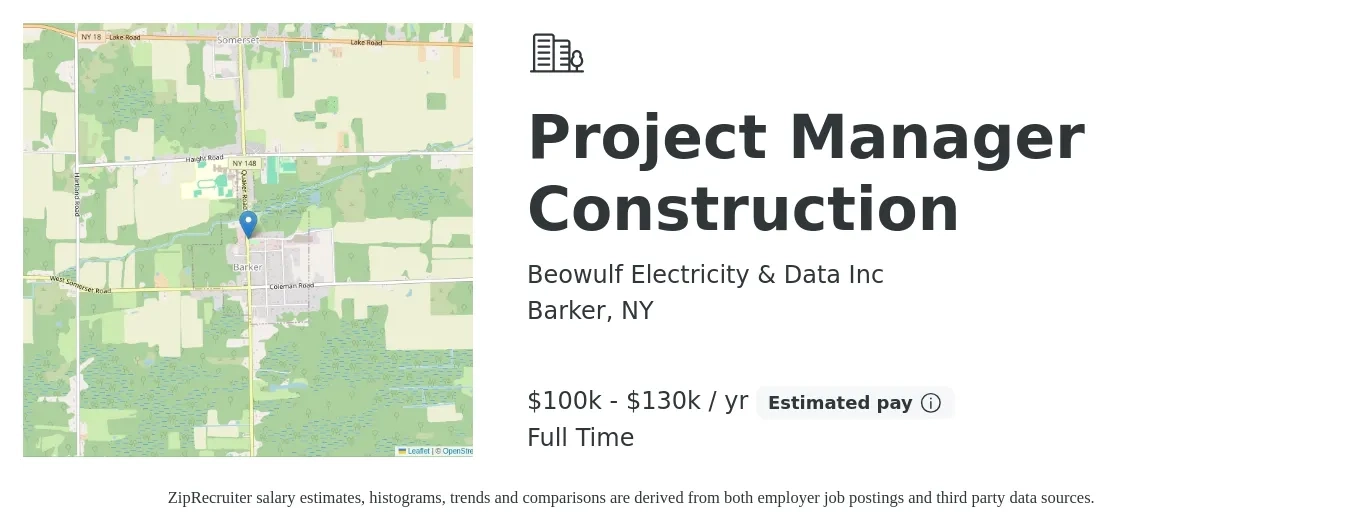 Beowulf Electricity & Data Inc job posting for a Project Manager Construction in Barker, NY with a salary of $100,000 to $130,000 Yearly with a map of Barker location.