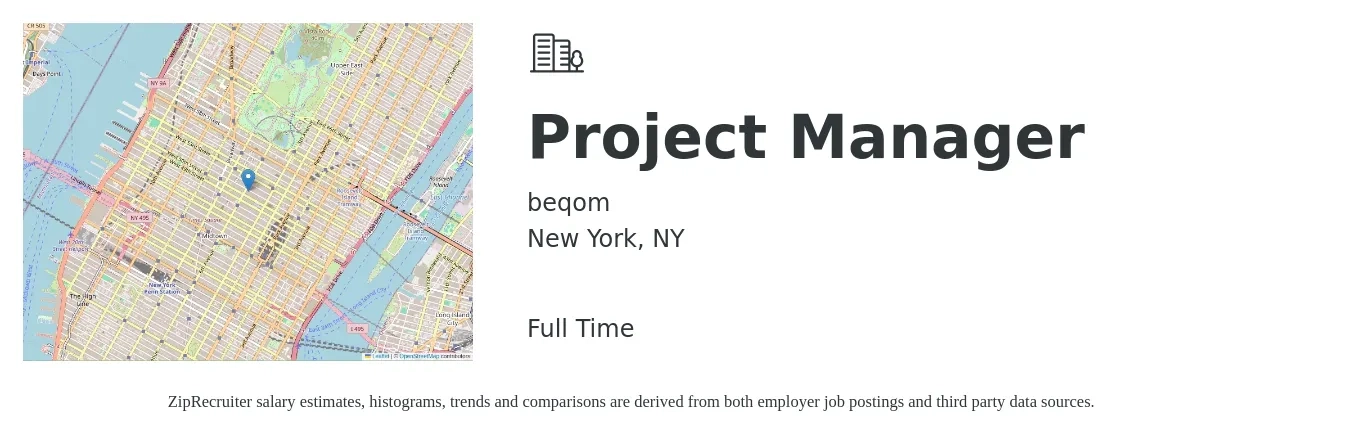beqom job posting for a Project Manager in New York, NY with a salary of $86,100 to $134,900 Yearly with a map of New York location.