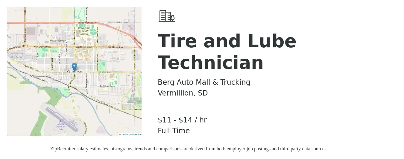 Berg Auto Mall & Trucking job posting for a Tire and Lube Technician in Vermillion, SD with a salary of $12 to $15 Hourly with a map of Vermillion location.