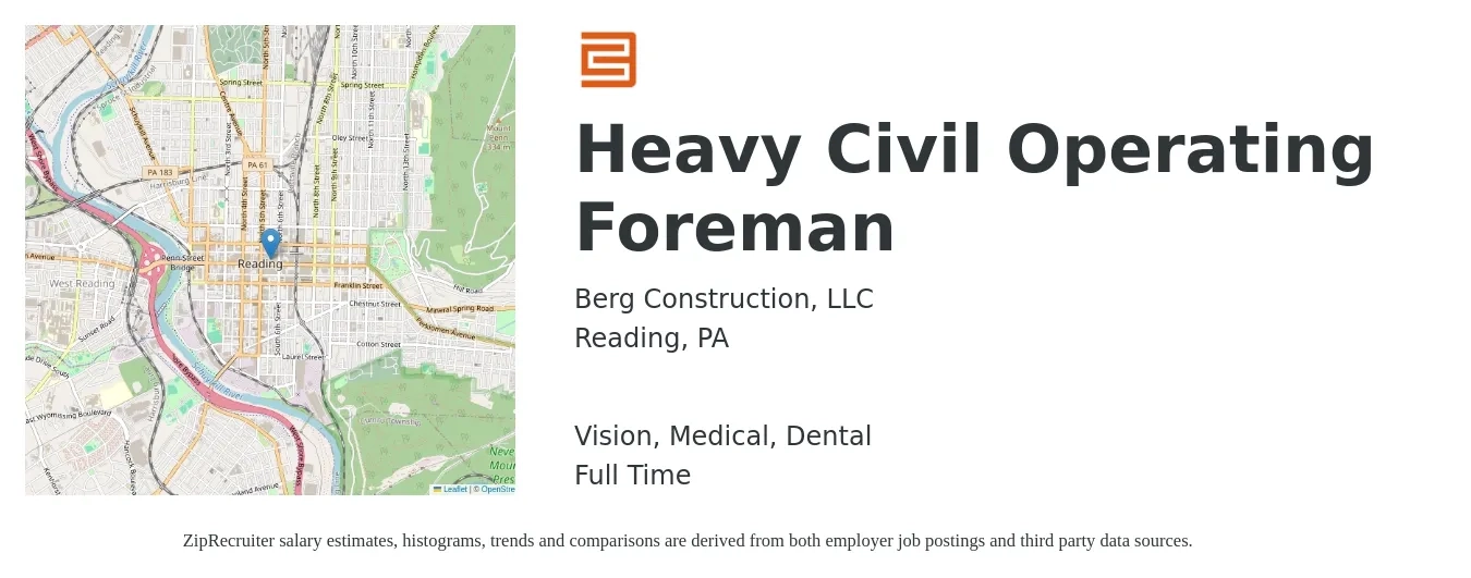 Berg Construction, LLC job posting for a Heavy Civil Operating Foreman in Reading, PA with a salary of $57,600 to $91,200 Yearly and benefits including dental, medical, retirement, and vision with a map of Reading location.