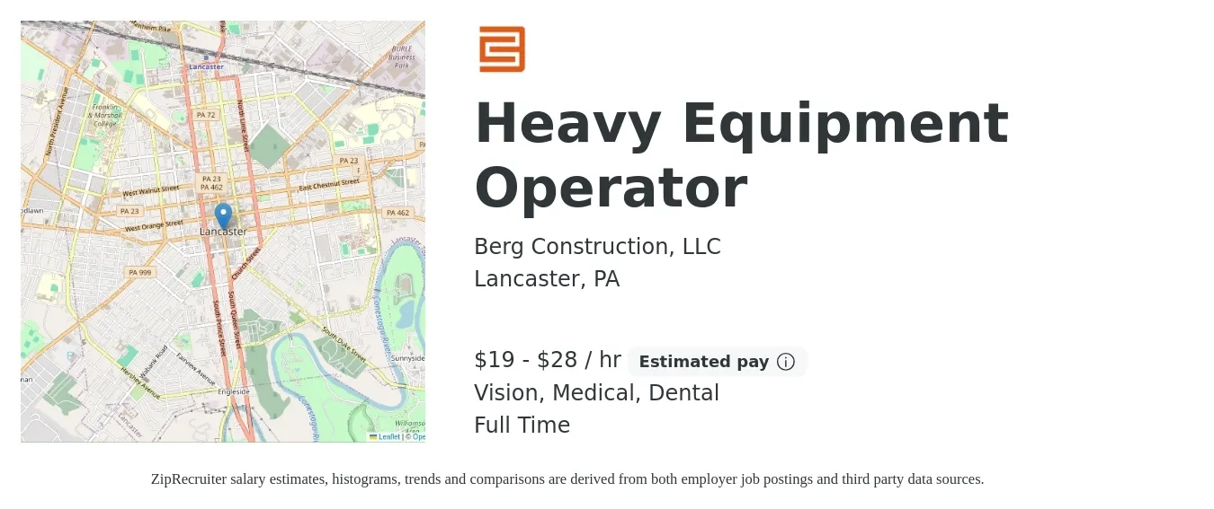 Berg Construction, LLC job posting for a Heavy Equipment Operator in Lancaster, PA with a salary of $20 to $30 Hourly and benefits including dental, medical, retirement, and vision with a map of Lancaster location.