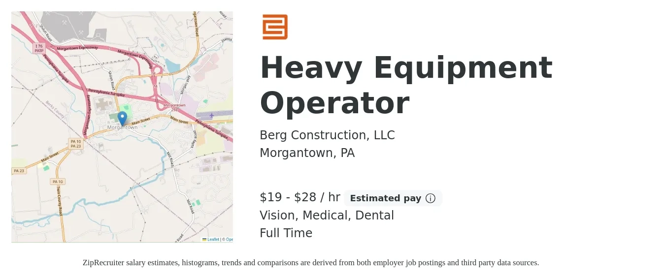 Berg Construction, LLC job posting for a Heavy Equipment Operator in Morgantown, PA with a salary of $20 to $30 Hourly and benefits including medical, retirement, vision, and dental with a map of Morgantown location.